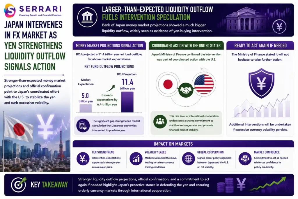 SERRARI infographic highlighting Japan's foreign exchange intervention and coordinated efforts to stabilize the yen. The infographic shows that the Bank of Japan's money market projections indicated an 11.4 trillion yen net liquidity outflow, substantially exceeding market expectations and fueling speculation that Japanese authorities had intervened to purchase yen. It also highlights the Ministry of Finance's confirmation that the intervention was coordinated with the United States, underscoring a rare level of international cooperation to support exchange rate stability. The infographic further emphasizes the ministry's statement that it stands ready to undertake additional currency interventions if excessive market volatility persists, reinforcing Japan's commitment to maintaining orderly foreign exchange markets and supporting confidence in the yen. 