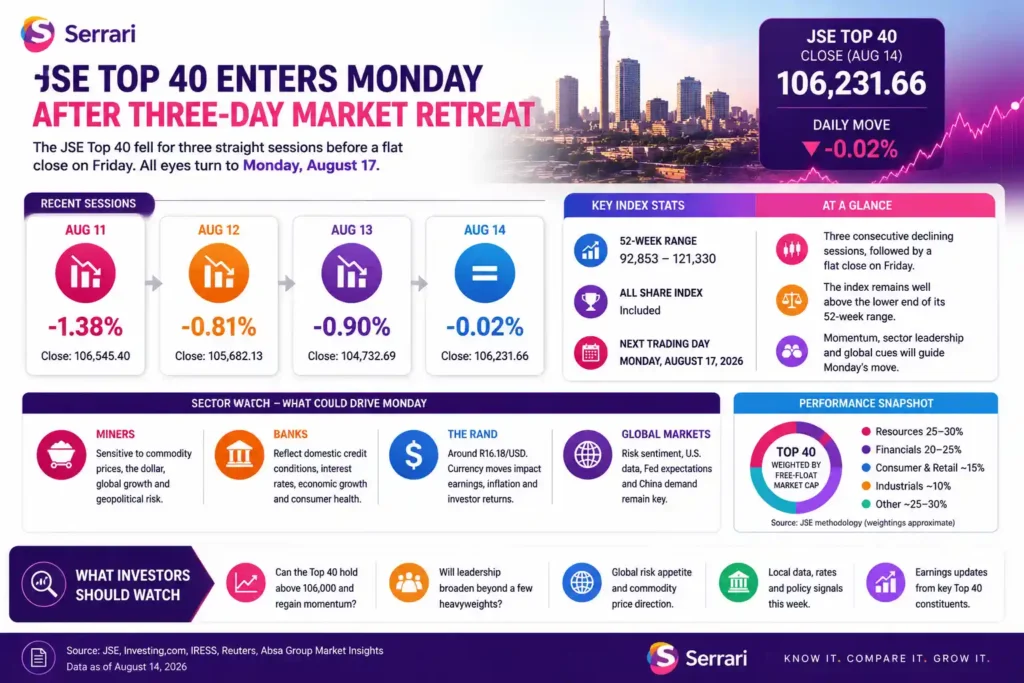 Serrari infographic titled “JSE Top 40 Enters Monday After Three-Day Market Retreat.” The visual shows the JSE Top 40 closing at 106,231.66 on 14 August, with a small daily move of -0.02%. It summarises recent sessions, showing declines of -1.38% on 11 August, -0.81% on 12 August, -0.90% on 13 August and -0.02% on 14 August. The infographic notes a 52-week range of 92,853 to 121,330 and identifies Monday, 17 August 2026 as the next trading day. It highlights key drivers for the coming session, including miners, banks, the rand and global market cues. It also explains that the Top 40 is weighted by free-float market capitalisation, with resources, financials, consumer and retail, industrials and other sectors contributing to index performance. Investor watchpoints include whether the index can hold above 106,000, whether leadership broadens beyond a few heavyweights, global risk appetite, commodity prices, local data, policy signals and earnings updates.