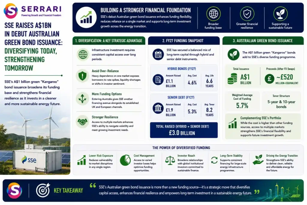 SERRARI infographic highlighting how SSE’s A$1 billion debut Australian green bond issuance diversifies its funding sources and strengthens financial resilience. During FY27, SSE raised approximately £1.1 billion in hybrid bonds at an average cost of 4.6% and average life of 6.6 years, alongside £1.9 billion in senior debt at an average cost of 5.3% and average tenor of 8.2 years. The Australian green bond adds approximately £520 million-equivalent at a weighted average funding cost of 5.7%. The infographic emphasizes that accessing Australia alongside established UK and European funding channels reduces reliance on individual markets and provides greater financing flexibility for SSE’s long-term infrastructure and clean-energy investment programme.