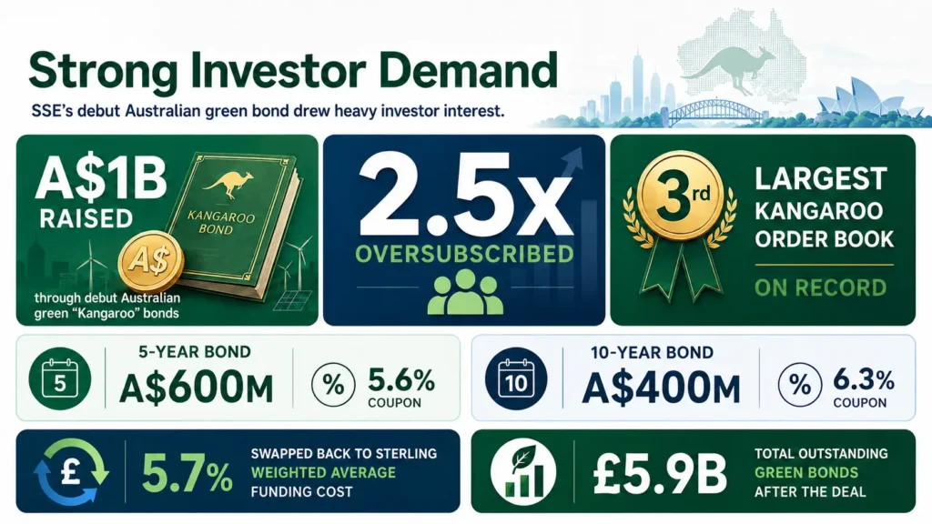 SSE’s A$1 billion debut Australian green bond was 2.5 times oversubscribed, reflecting strong investor demand.