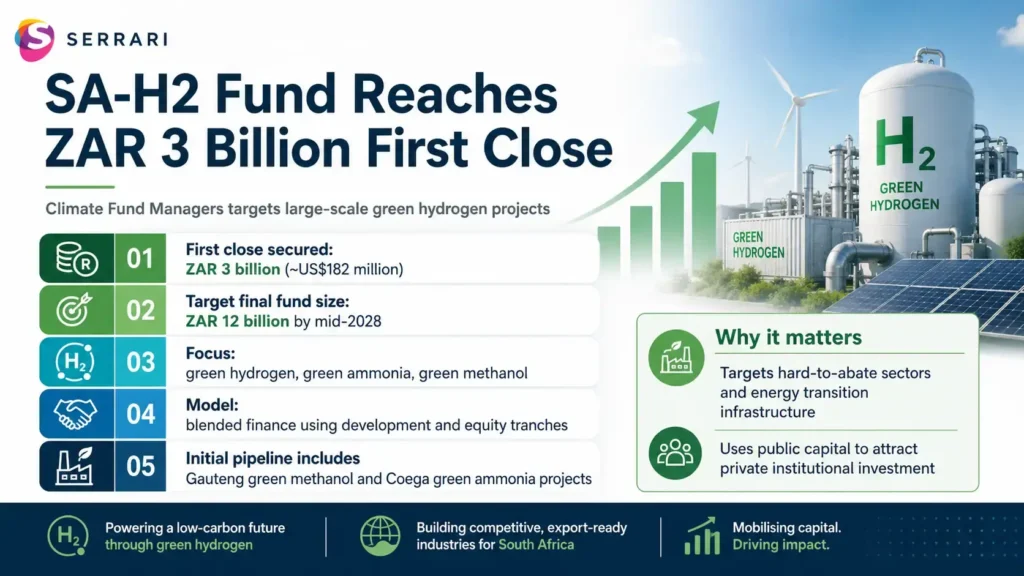 Infographic showing SA-H2 Fund’s ZAR 3 billion green hydrogen funding, highlighting clean energy, hydrogen production, infrastructure, industrial decarbonisation, investment, and South Africa’s energy transition