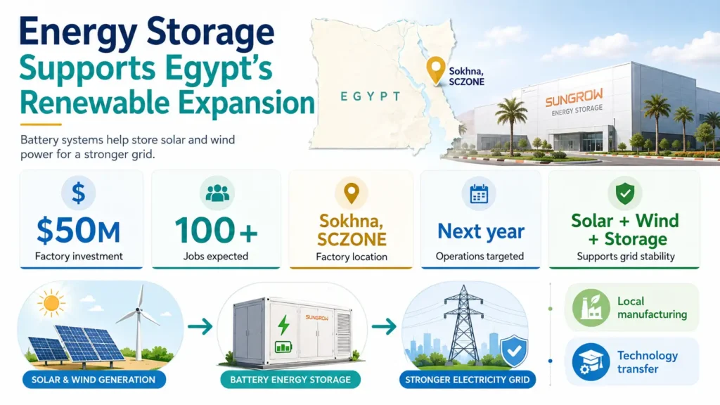 Egypt’s $50 million Sungrow factory will assemble battery storage systems to support renewable energy and grid stability.