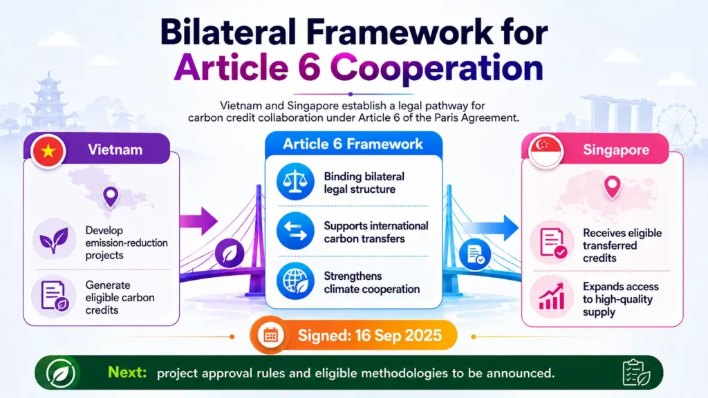 Vietnam and Singapore establish an Article 6 framework for carbon credit cooperation and international transfers.
