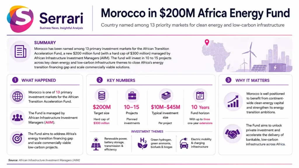 Infographic showing a $200 million African energy transition fund targeting Morocco, highlighting renewable energy, clean infrastructure, green finance, decarbonisation, and sustainable economic growth