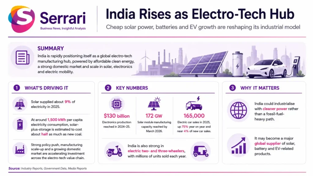 Infographic showing India’s rise as a global electro-tech manufacturing hub, highlighting electronics production, technology investment, exports, supply chains, factories, and industrial growth