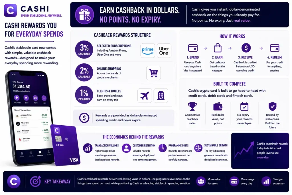 SERRARI infographic highlighting Cashi’s cashback rewards for its stablecoin-powered crypto card. Users can earn 3% cashback on selected subscriptions such as Amazon Prime and Uber One, 2% on online shopping, and 1% on flights and hotels. Rewards are provided as dollar-denominated spending credit rather than loyalty points and do not expire. The infographic shows how the programme positions Cashi to compete with conventional credit, debit and fintech cards while encouraging everyday stablecoin spending. It also highlights that the long-term sustainability of the rewards programme will depend on transaction volumes, customer retention and the costs of maintaining cashback incentives.