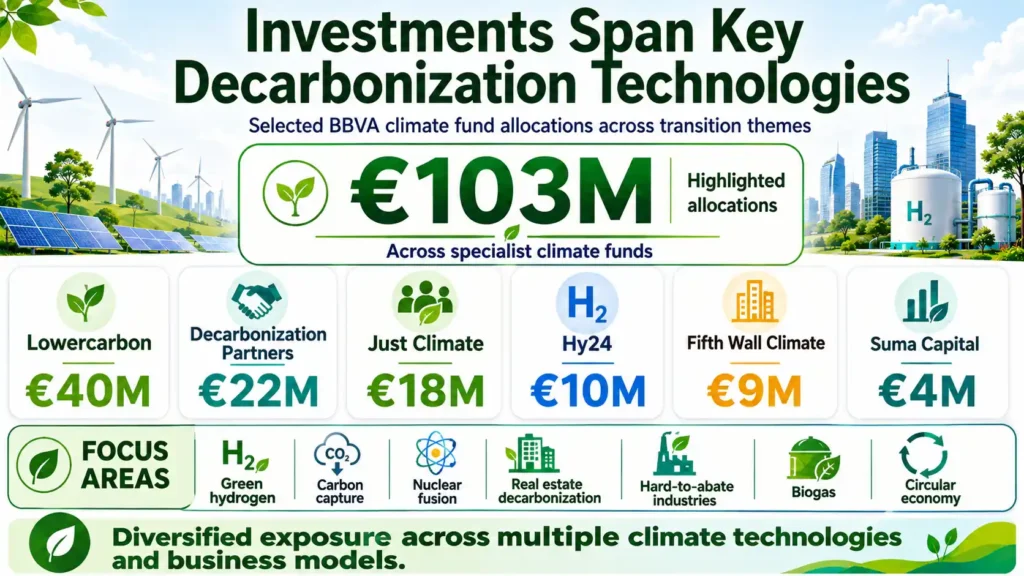 BBVA climate fund allocations across green hydrogen, carbon capture, nuclear fusion and other decarbonization technologies.