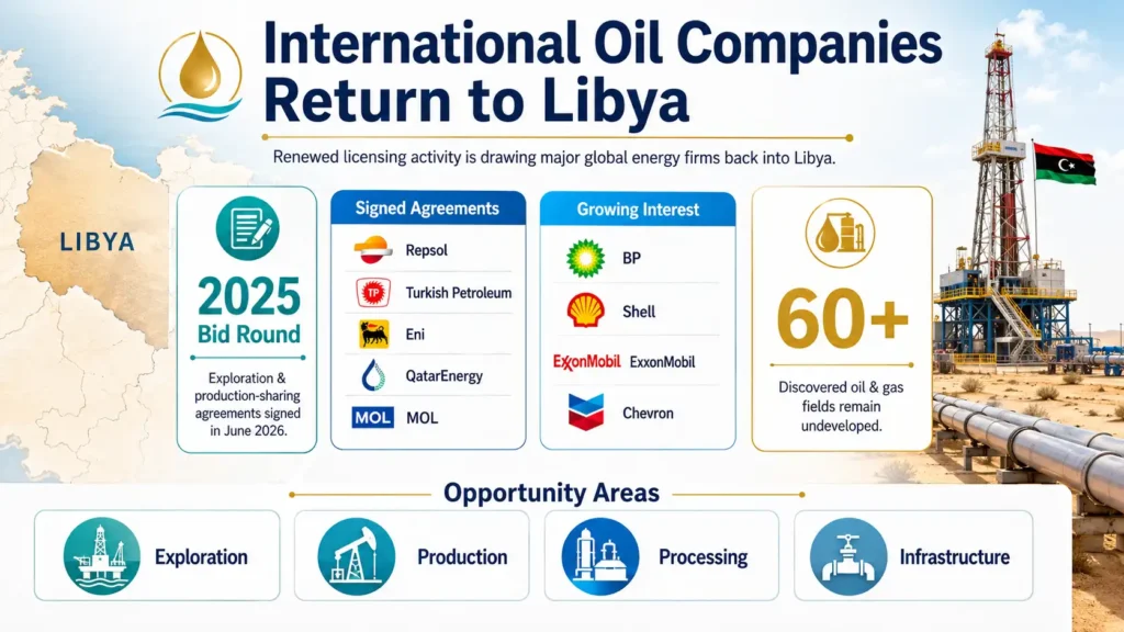 Libya attracts major global oil companies as renewed licensing opens new energy investment opportunities.