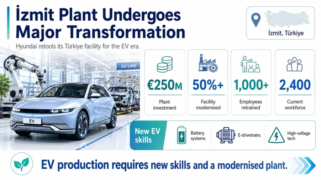 Hyundai modernises its İzmit plant with €250 million to support EV production and retrain more than 1,000 employees.