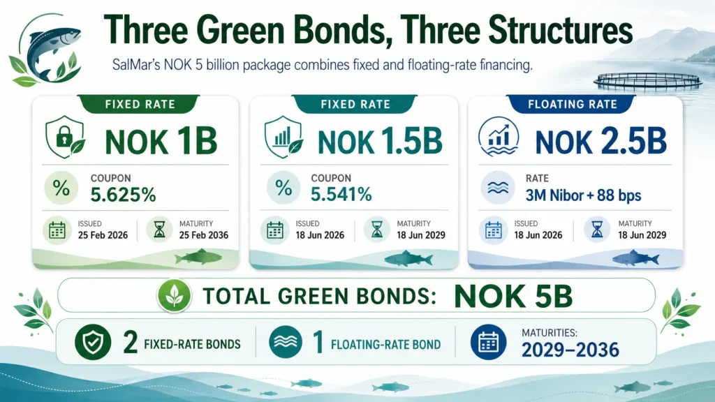 Infographic showing SalMar’s three green bond issues worth NOK 5 billion, with different structures and maturities.