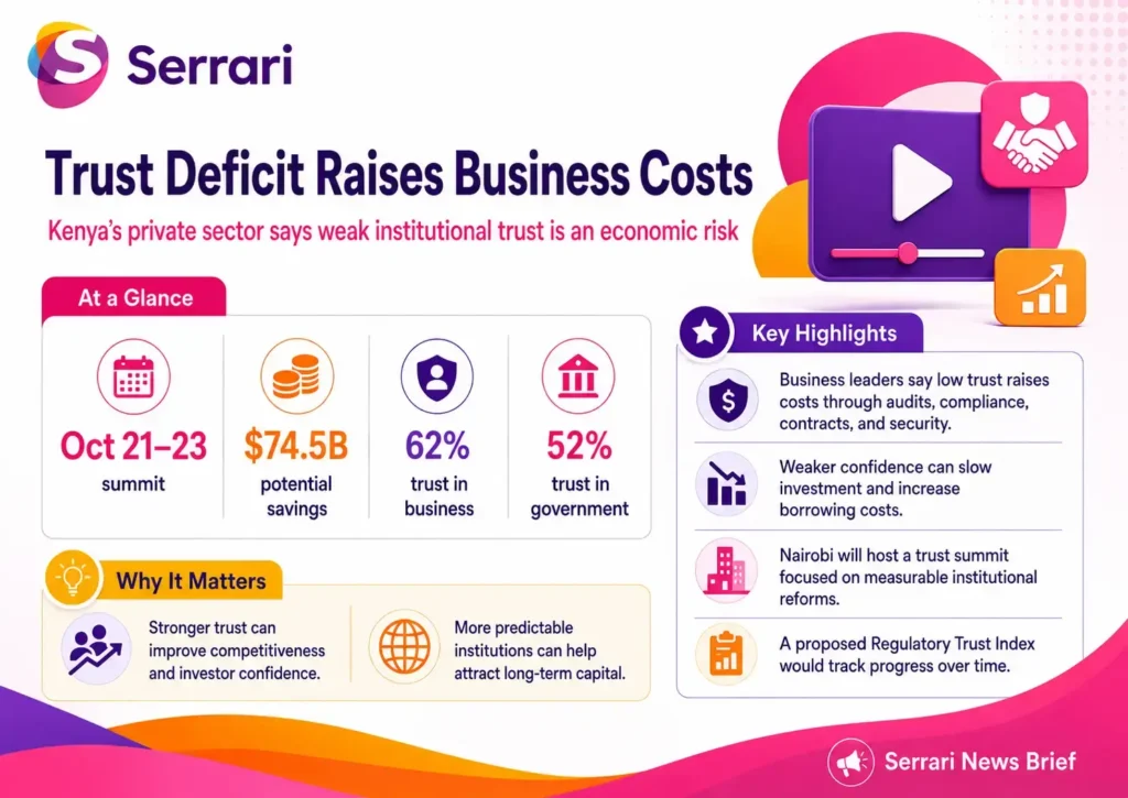 Infographic showing Kenya’s business trust deficit and its impact on operating costs, investment, financing, economic confidence, and private-sector growth
