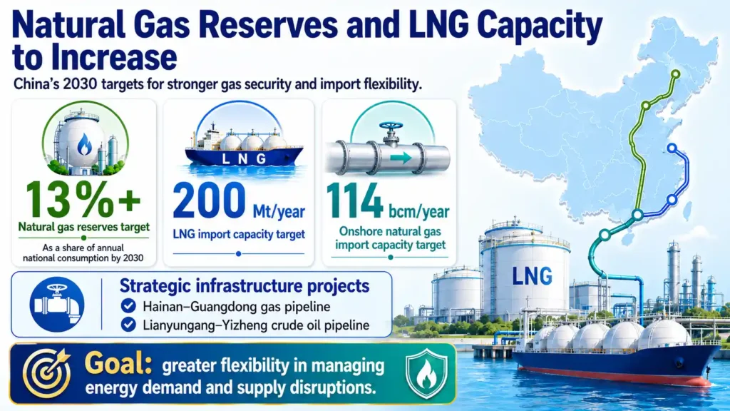 China targets 13%+ natural gas reserves, 200 Mt/year LNG import capacity and 114 bcm/year onshore gas imports by 2030.