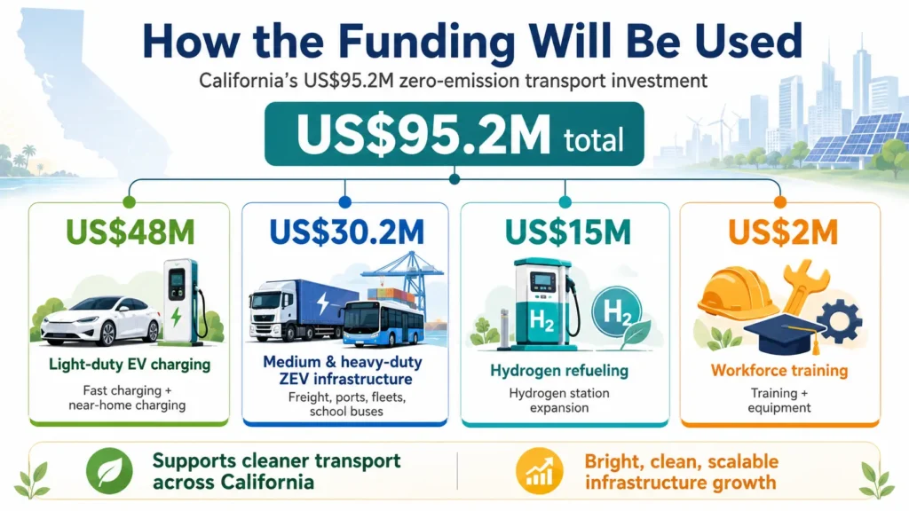 California allocates $95.2 million to EV charging, hydrogen refueling, heavy-duty ZEV infrastructure and workforce training.