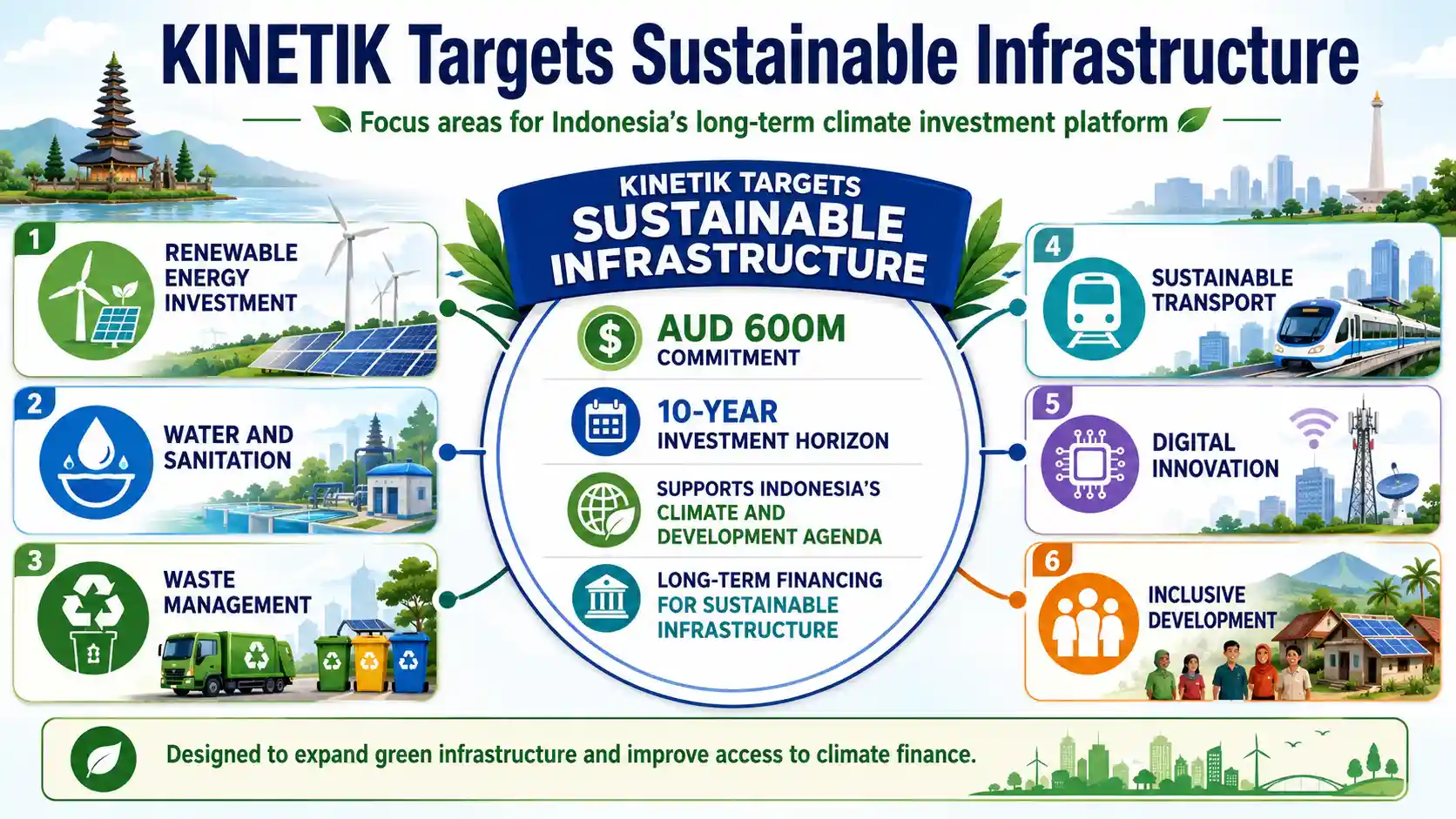 KINETIK targets AUD 600 million for sustainable infrastructure, renewable energy, water, waste, transport and inclusive development in Indonesia.