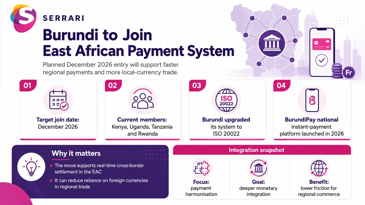 Infographic showing Burundi’s planned entry into the East African Payment System by December, highlighting cross-border payments, regional financial integration, trade, and digital finance