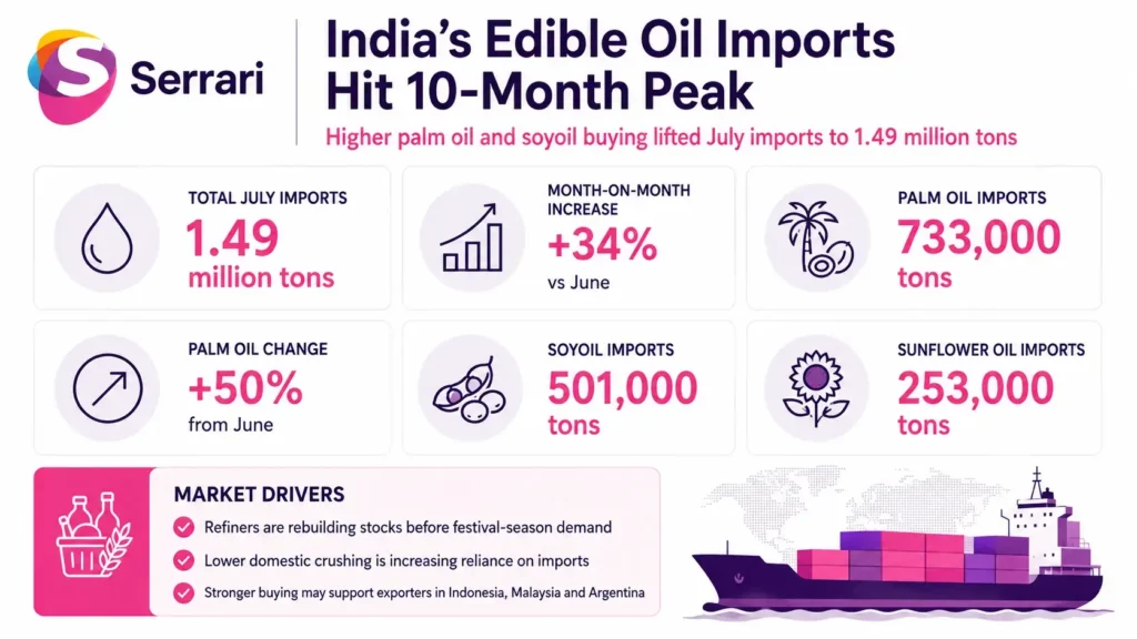 Infographic showing India’s edible oil imports reaching a ten-month high in July, highlighting import volumes, vegetable oil demand, global trade, commodity markets, and food security