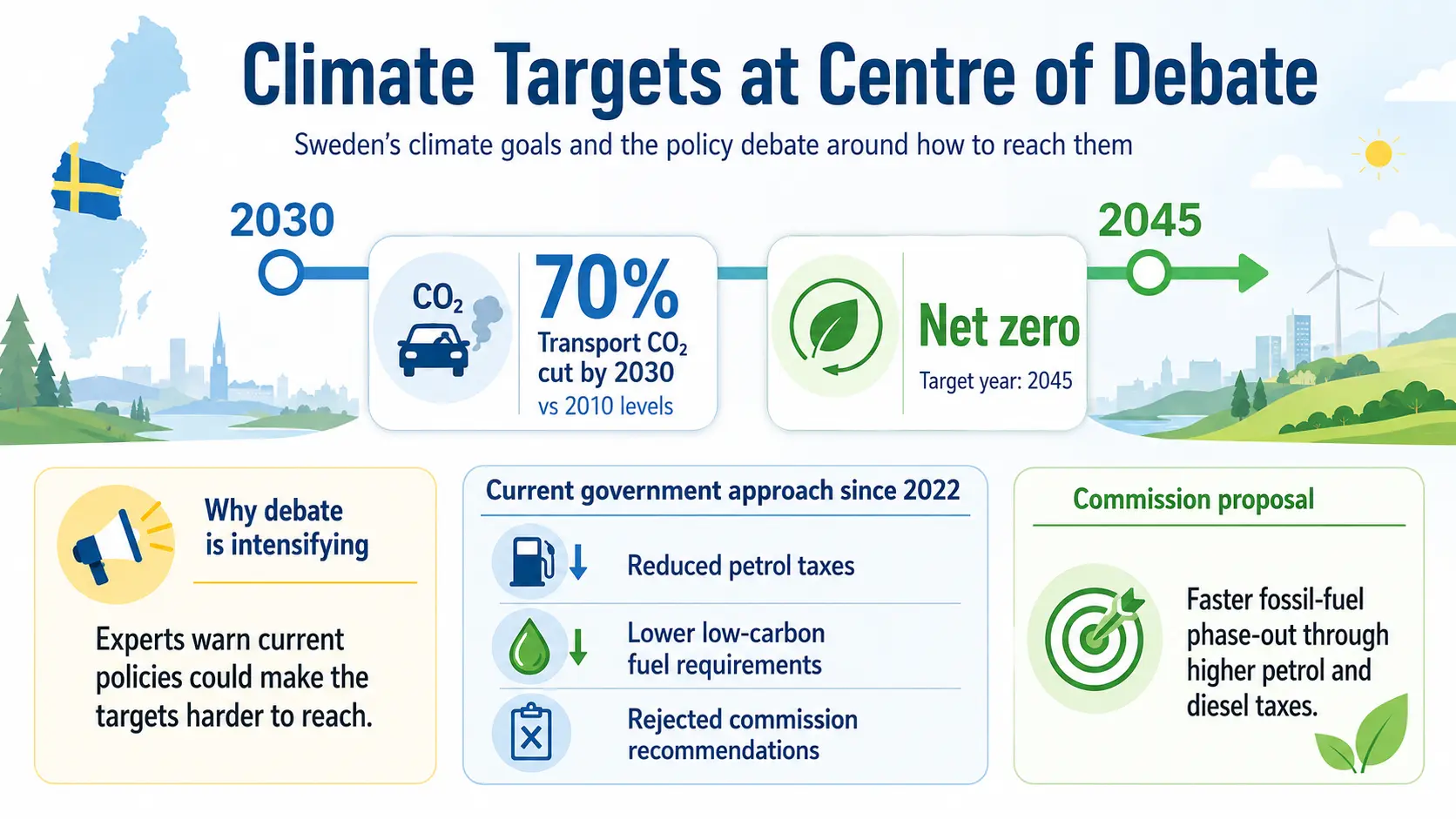 Sweden’s climate targets include a 70% transport emissions cut by 2030 and net zero by 2045.