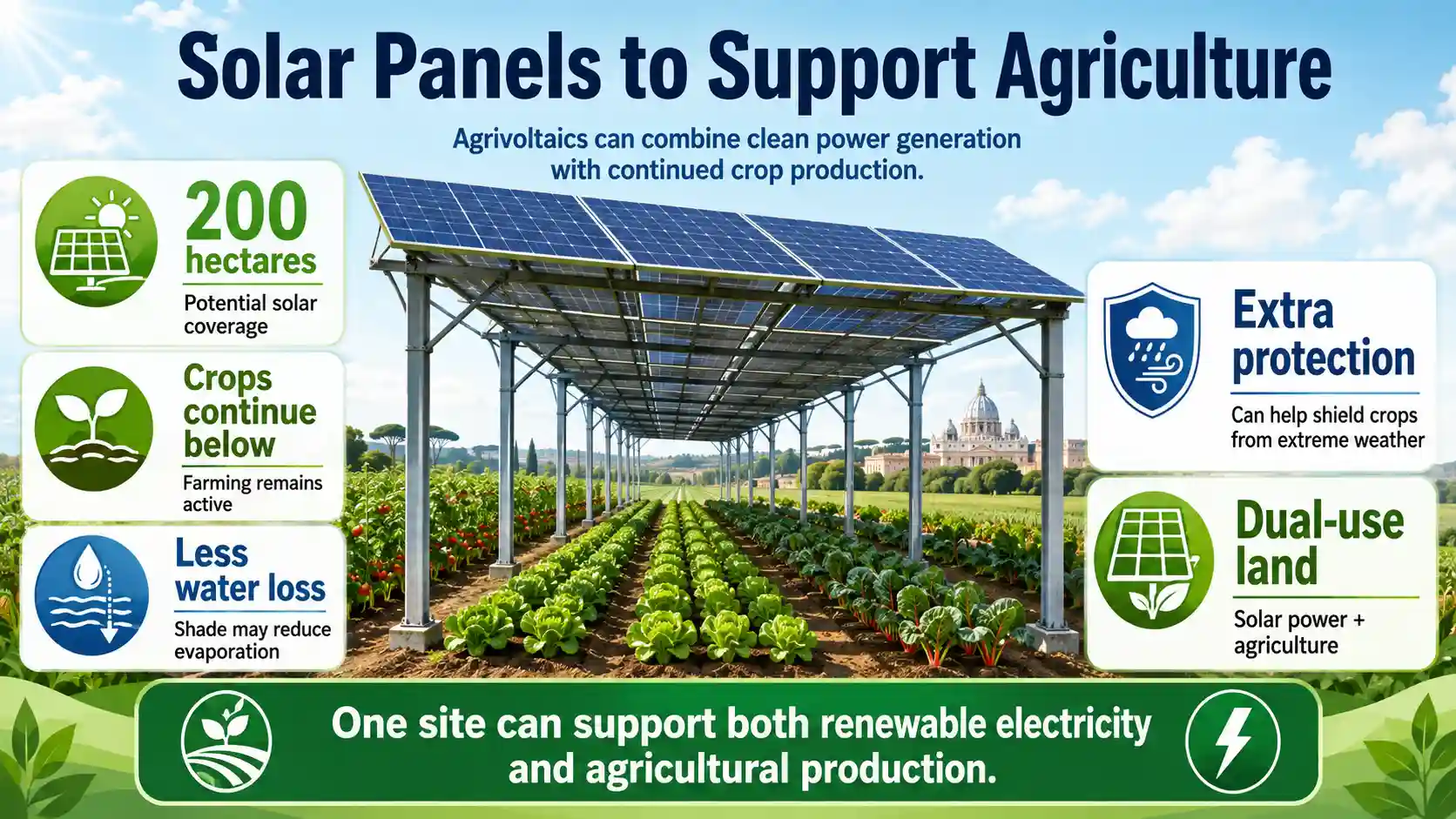 Agrivoltaic solar panels support crop production while reducing water loss and protecting farmland.