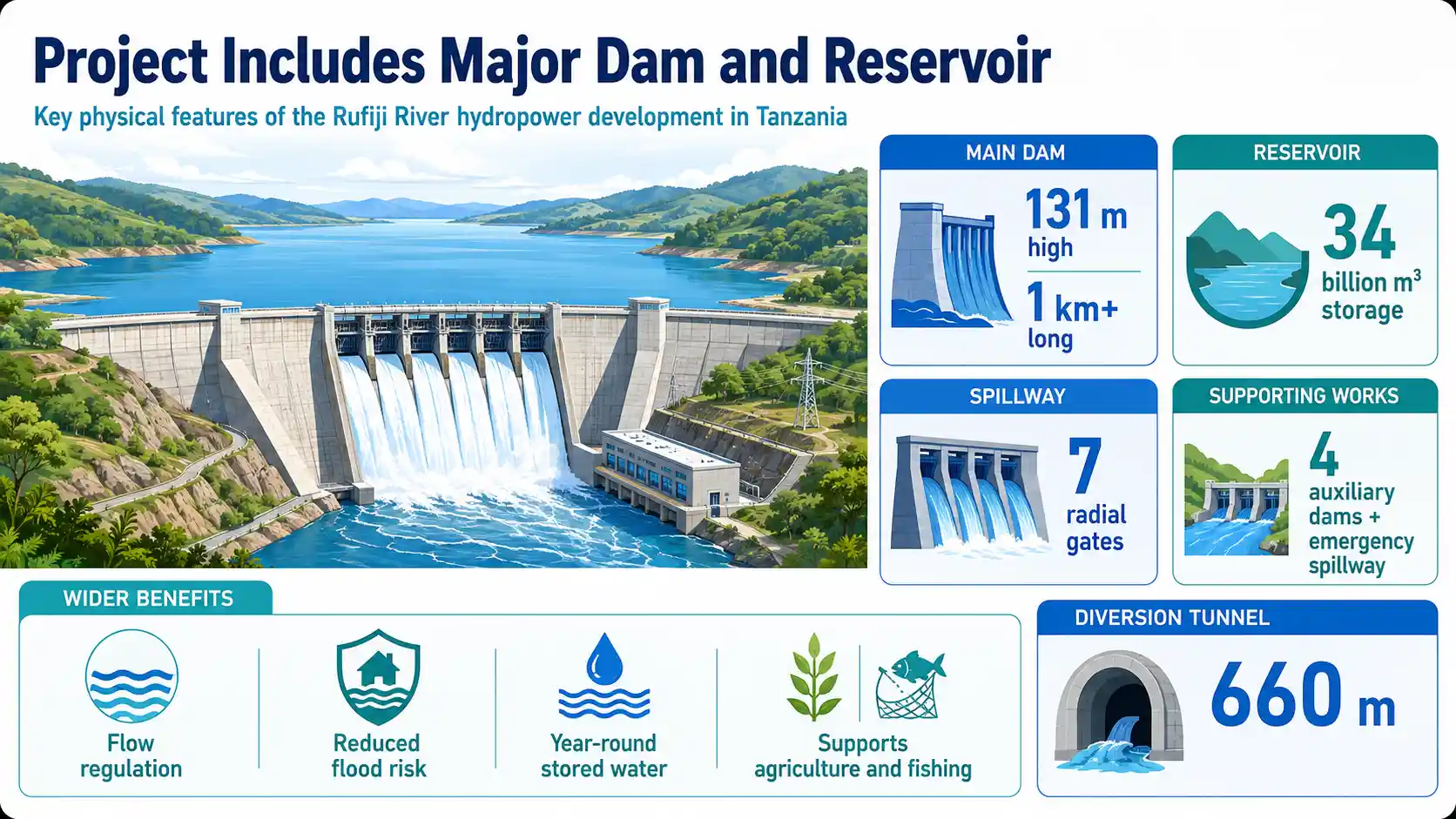 Infographic showing the Julius Nyerere hydropower project’s 131m-high dam, 34 billion m³ reservoir, spillway and diversion tunnel.