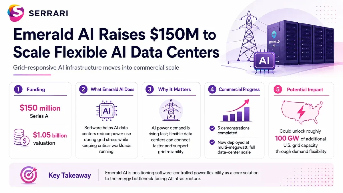 Infographic showing Emerald AI’s $150 million funding for flexible data centers, highlighting AI infrastructure, computing capacity, energy efficiency, grid flexibility, and data center growth