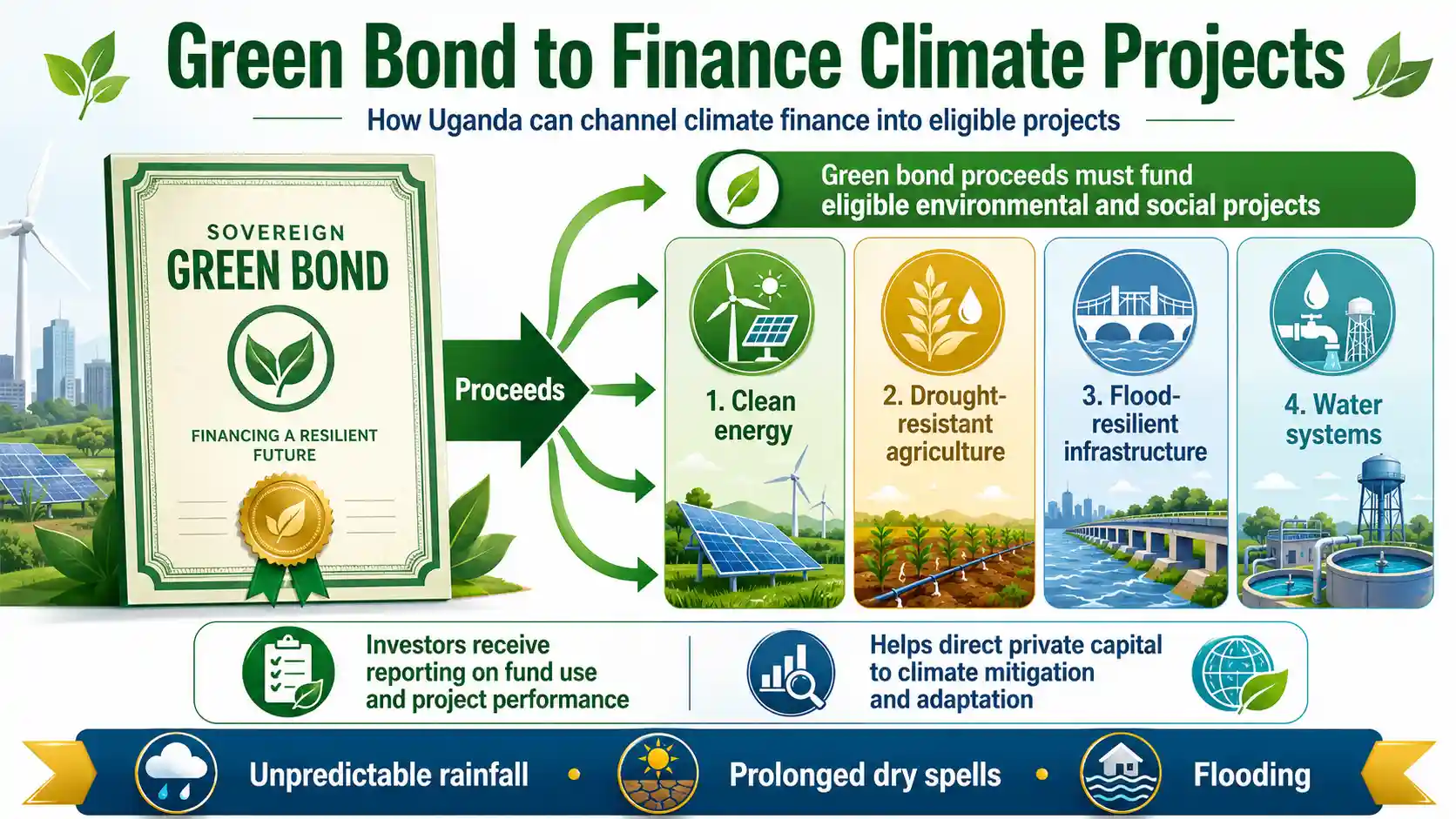 Infographic showing Uganda’s planned sovereign green bond to fund climate projects.