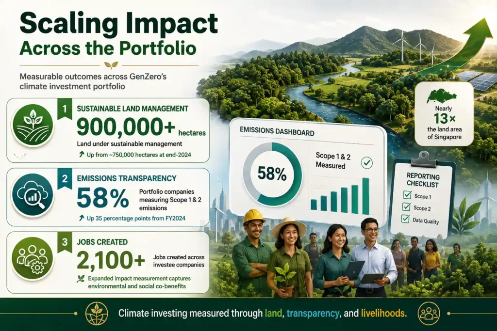 Landscape infographic showing GenZero’s impact across land management, emissions transparency and job creation. 