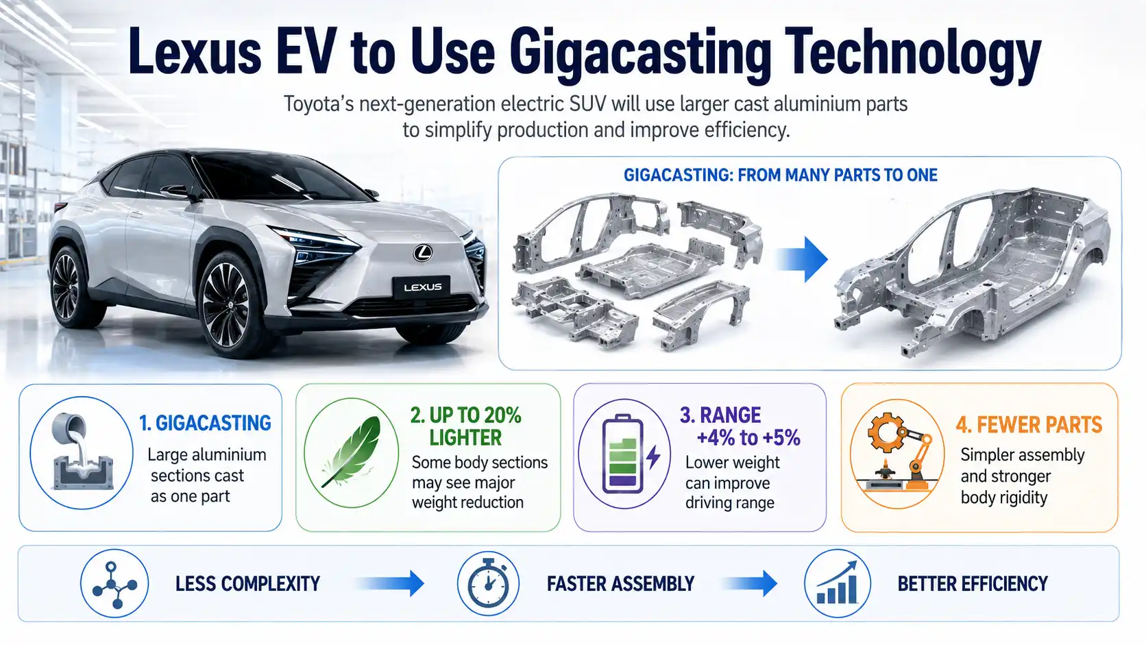 Lexus EV gigacasting technology reduces parts, cuts weight and improves driving range.