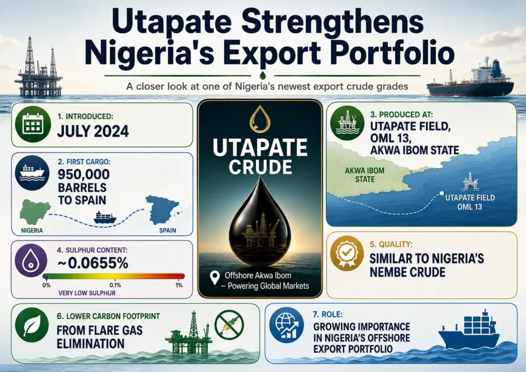 Landscape infographic profiling Nigeria’s Utapate crude and its growing export role. 