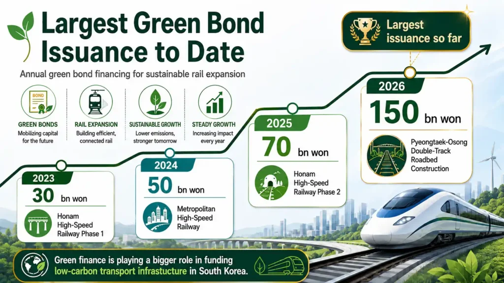 South Korea’s green rail bond financing rose to 150 billion won in 2026. 