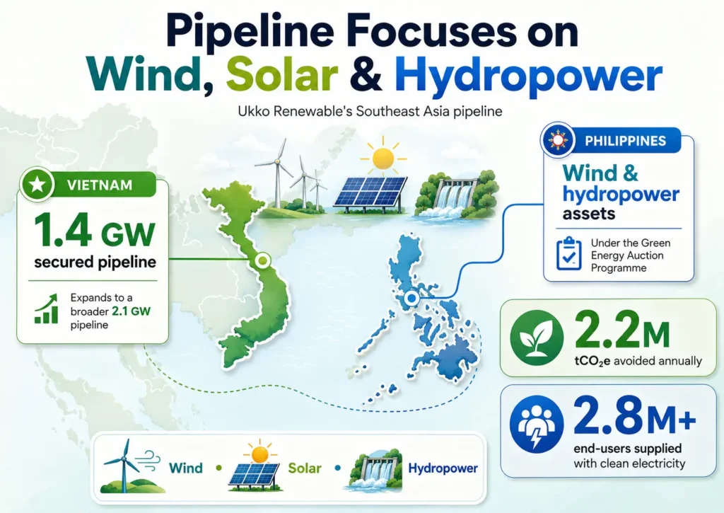 Southeast Asia renewable pipeline spanning wind, solar and hydropower projects.