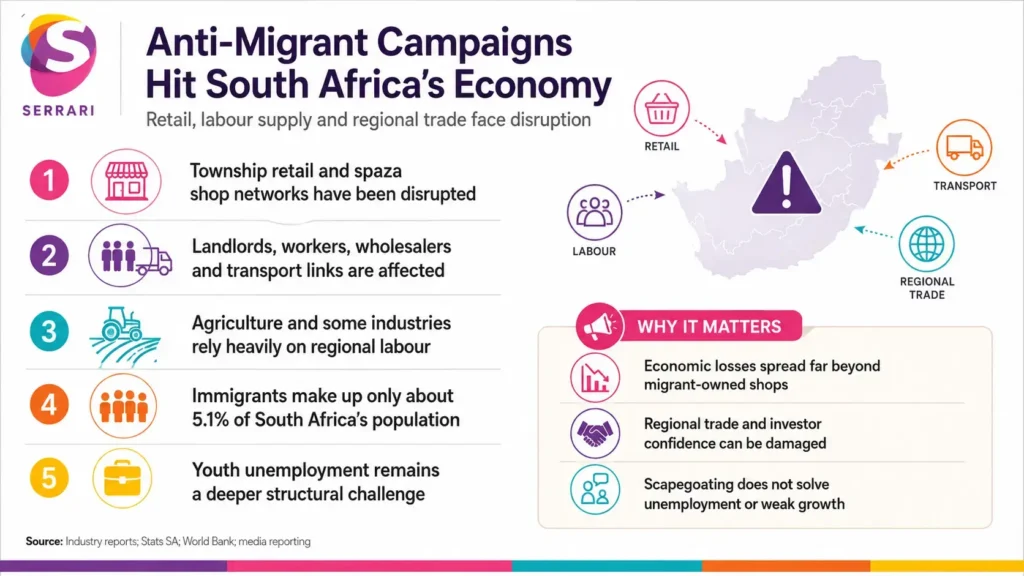 Infographic showing the economic impact of anti-migrant campaigns in South Africa, highlighting labour markets, investment confidence, workforce participation, economic growth, and business activity