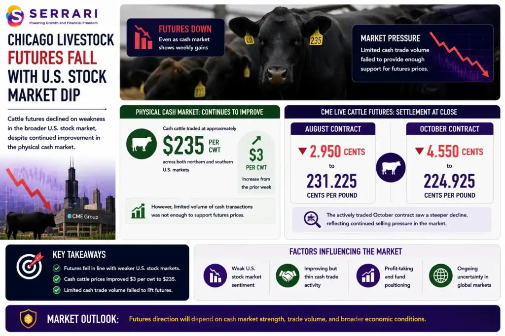 SERRARI infographic highlighting the decline in Chicago cattle futures despite continued improvement in the U.S. physical cash cattle market. The infographic shows that cash cattle traded at approximately US$235 per hundredweight (cwt) across both northern and southern U.S. markets, representing an increase of US$3 per cwt from the previous week. It also explains that limited cash trading volumes failed to provide sufficient support for futures prices. The infographic further highlights that CME August live cattle futures fell 2.950 cents to 231.225 cents per pound, while the actively traded October contract declined 4.550 cents to 224.925 cents per pound. It emphasizes that weaker sentiment in broader financial markets and subdued cash market activity outweighed improving cash prices, placing continued pressure on livestock futures. 