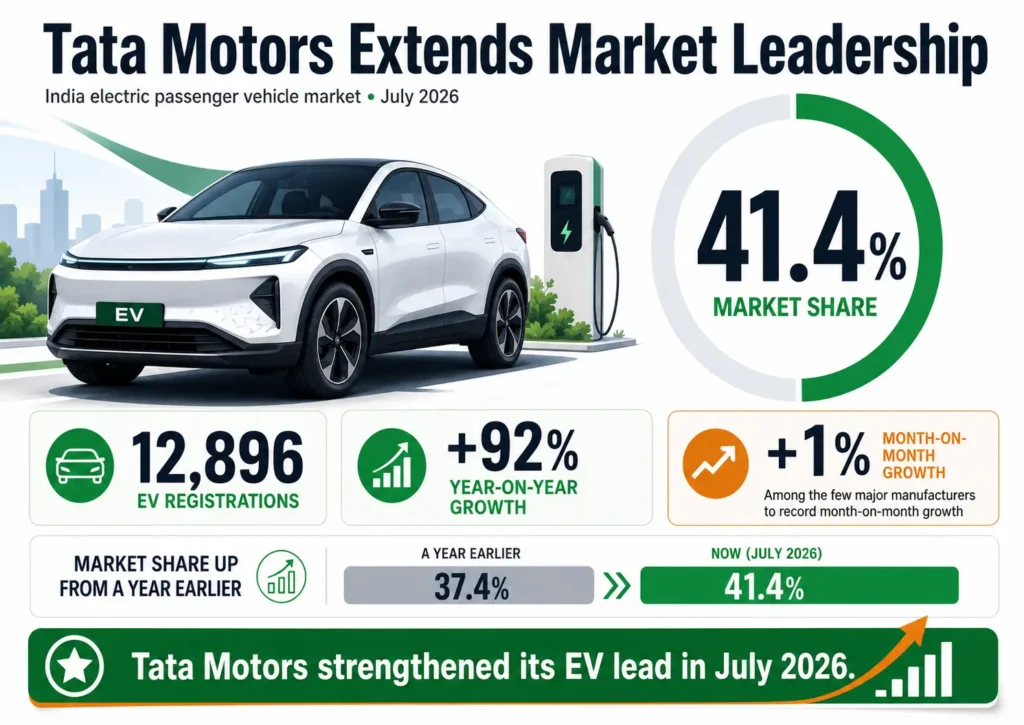 Bright landscape infographic showing Tata Motors leading India’s electric passenger vehicle market with 12,896 registrations, 92% annual growth and a 41.4% market share in July 2026.