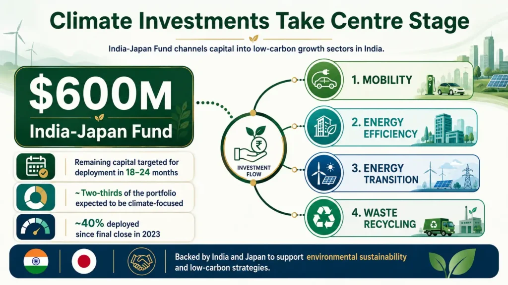 $600 million India–Japan Fund supports mobility, energy efficiency, clean energy and recycling.