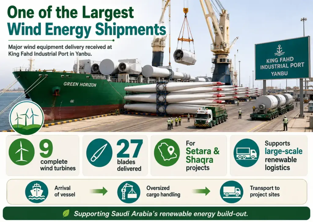 Wind turbine shipment arrives in Yanbu for Saudi Arabia’s Setara and Shaqra projects.