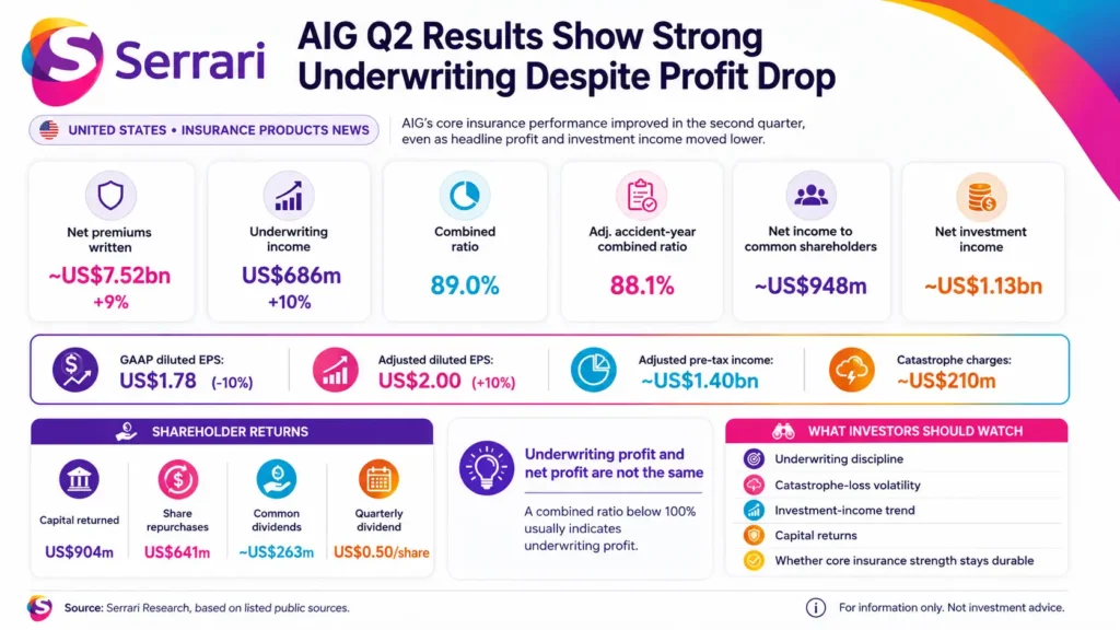 Serrari infographic titled “AIG Q2 Results Show Strong Underwriting Despite Profit Drop.” The visual summarises AIG’s United States insurance products update, showing net premiums written of about US$7.52 billion, underwriting income of US$686 million, a combined ratio of 89.0%, an adjusted accident-year combined ratio of 88.1%, net income to common shareholders of about US$948 million and net investment income of about US$1.13 billion. It also highlights GAAP diluted EPS of US$1.78, adjusted diluted EPS of US$2.00, adjusted pre-tax income of about US$1.40 billion, catastrophe charges of about US$210 million, capital returned of US$904 million, share repurchases of US$641 million, common dividends of about US$263 million and a quarterly dividend of US$0.50 per share.