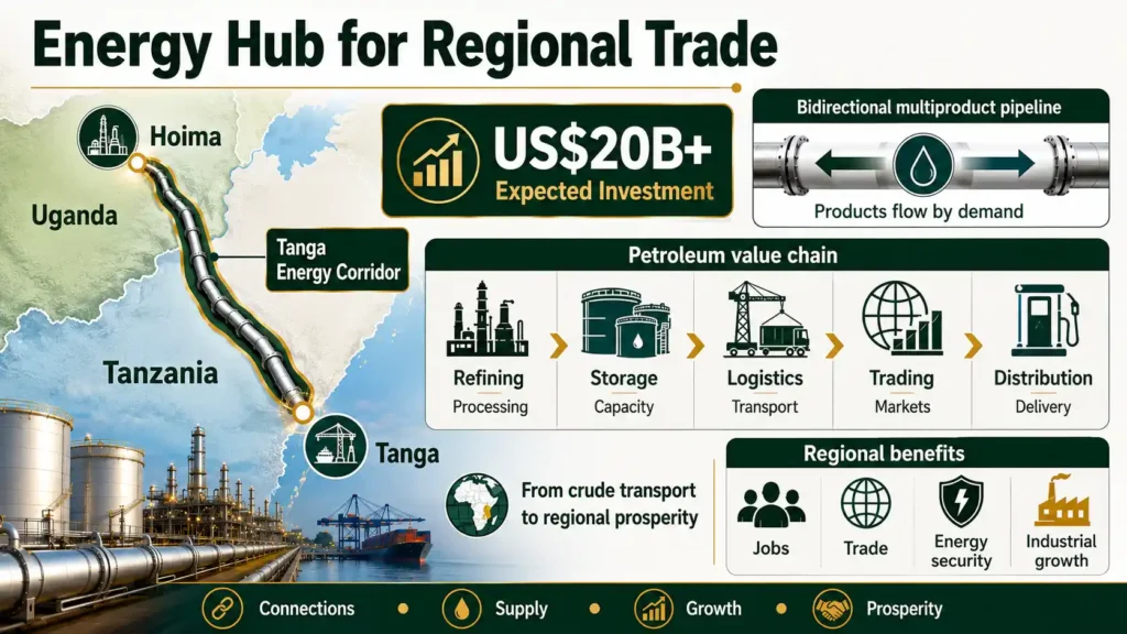 Tanga Energy Hub links Uganda and Tanzania to expand regional petroleum trade and investment.