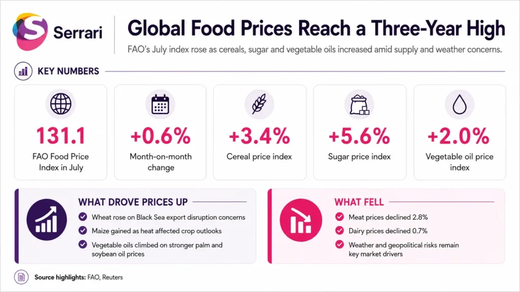 Infographic showing global food prices reaching a three-year high in July, highlighting food commodities, inflation, consumer costs, supply pressures, and household spending
