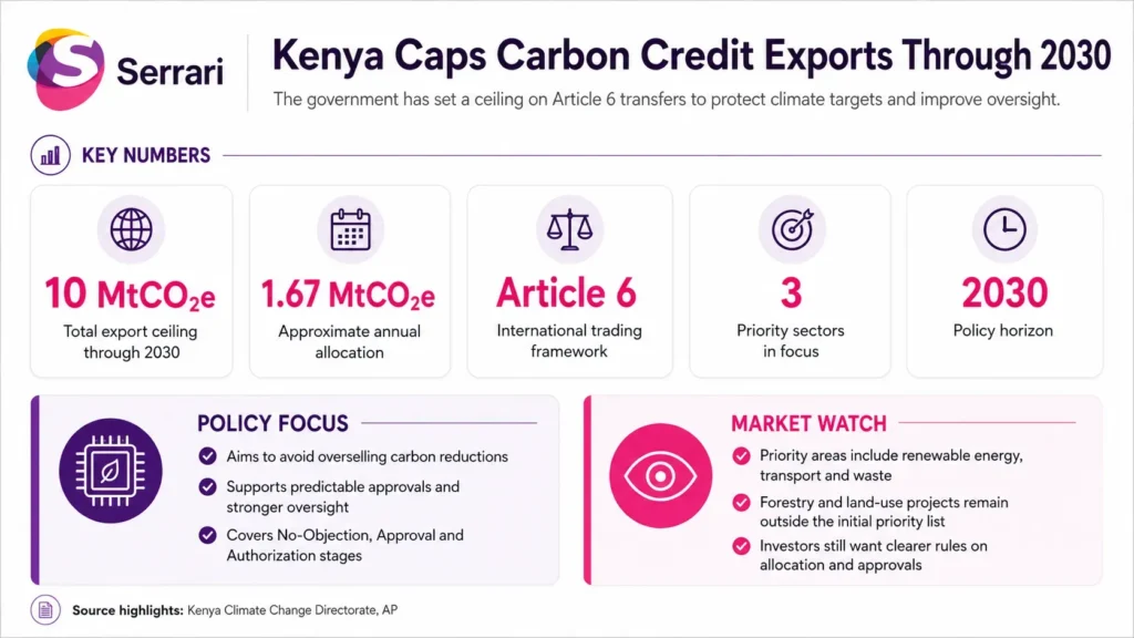 Infographic showing Kenya’s Article 6 carbon credit export cap through 2030, highlighting carbon markets, climate finance, emissions trading, carbon credits, and sustainable development