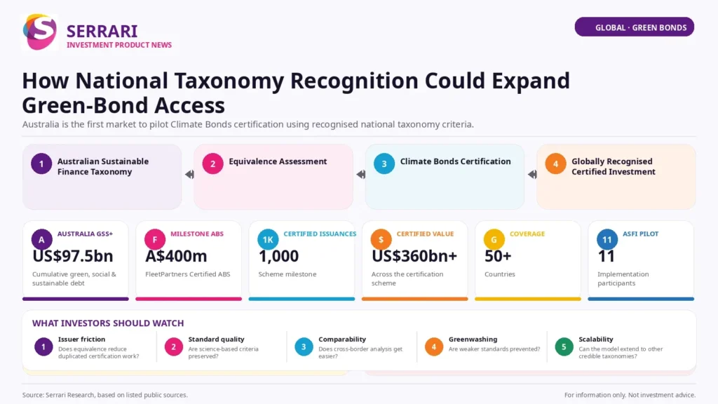 Serrari infographic titled “How National Taxonomy Recognition Could Expand Green-Bond Access.” The visual explains how Australia is piloting Climate Bonds certification using recognised national taxonomy criteria. It shows a four-step pathway: Australian Sustainable Finance Taxonomy, equivalence assessment, Climate Bonds certification and globally recognised certified investment. Key figures include US$97.5 billion in cumulative Australian green, social and sustainable debt, A$400 million FleetPartners certified ABS, 1,000 certified issuances, more than US$360 billion of certified value across the Climate Bonds certification scheme, coverage across more than 50 countries and 11 ASFI pilot implementation participants. Investor watchpoints include whether taxonomy recognition reduces duplicated issuer work, preserves science-based standards, improves cross-border comparability, prevents weaker greenwashing standards and can scale to other credible national taxonomies.