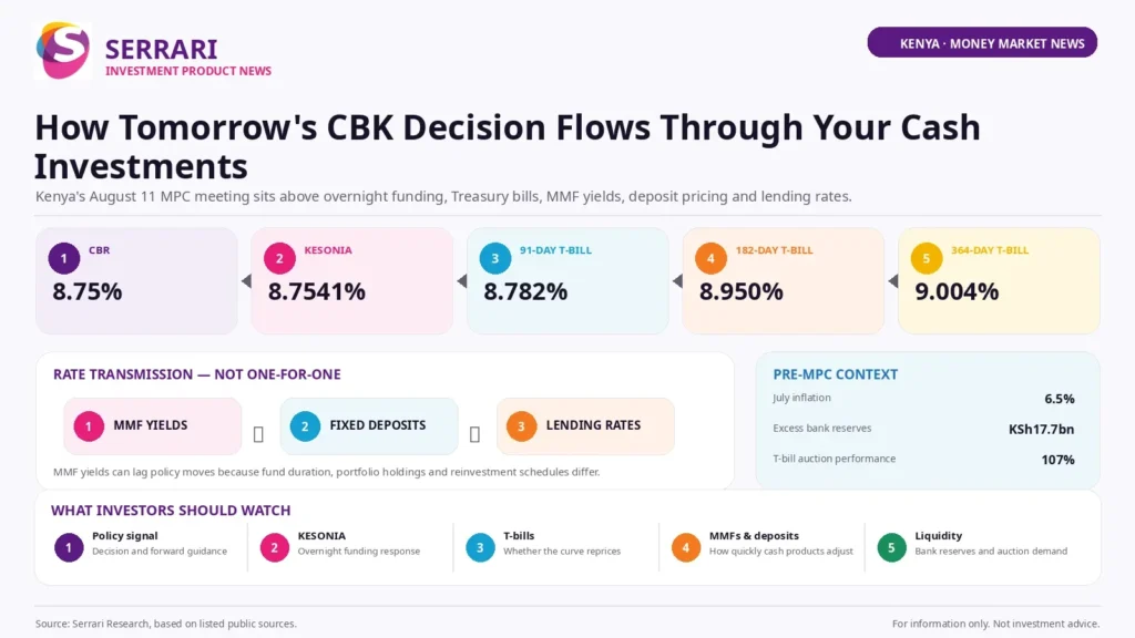 Serrari infographic titled “How Tomorrow’s CBK Decision Flows Through Your Cash Investments.” The visual explains how Kenya’s 11 August MPC meeting sits above key short-term money-market rates and cash-investment products. It shows the Central Bank Rate at 8.75%, KESONIA at 8.7541%, the 91-day Treasury bill at 8.782%, the 182-day Treasury bill at 8.950% and the 364-day Treasury bill at 9.004%. A rate-transmission section shows that policy changes may pass through to money market fund yields, fixed deposits and lending rates, but not on a one-for-one basis. The pre-MPC context highlights July inflation at 6.5%, excess bank reserves of KSh17.7 billion and Treasury-bill auction performance of 107%. Investor watchpoints include the policy signal, KESONIA reaction, Treasury-bill repricing, MMF and deposit adjustment speed, liquidity, bank reserves and auction demand. 