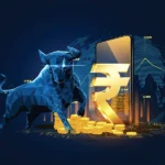 Digital illustration of a blue bull, gold rupee symbol, coins and market charts, representing Indian financial markets, listed REITs, property-income investing and investor demand for income-focused assets.