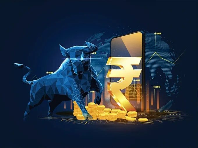 Digital illustration of a blue bull, gold rupee symbol, coins and market charts, representing Indian financial markets, listed REITs, property-income investing and investor demand for income-focused assets.