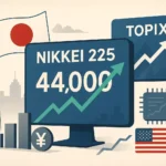 Illustration showing Japan’s flag, a Nikkei 225 screen, a TOPIX screen, upward market arrows, a yen symbol, chart bars, a semiconductor chip icon and a U.S. flag. The image represents Japanese equity-market performance, the Nikkei 225, TOPIX, yen exposure, semiconductor stocks, global investor sentiment and cross-market influences from the United States.