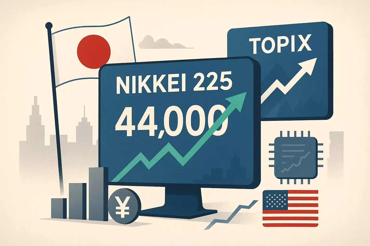 Illustration showing Japan’s flag, a Nikkei 225 screen, a TOPIX screen, upward market arrows, a yen symbol, chart bars, a semiconductor chip icon and a U.S. flag. The image represents Japanese equity-market performance, the Nikkei 225, TOPIX, yen exposure, semiconductor stocks, global investor sentiment and cross-market influences from the United States.