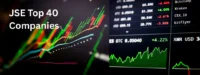 Article image showing trading screens with colourful market charts, price movements and the text “JSE Top 40 Companies” overlaid on the left side. The image is used to represent South Africa’s JSE Top 40 index, listed-company performance and market movement after several weak trading sessions.
