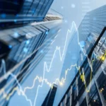 Modern office buildings with overlaid market-chart lines, representing listed banking shares, exchange-traded funds, index investing and capital-market activity in Kenya.