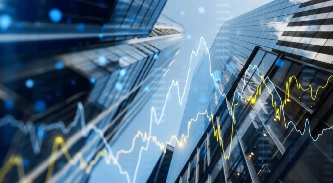 Modern office buildings with overlaid market-chart lines, representing listed banking shares, exchange-traded funds, index investing and capital-market activity in Kenya.