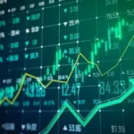 Digital stock market board with green candlestick charts, rising arrows and market data, representing Kenyan equity market gains, index performance, market breadth and 52-week high momentum.