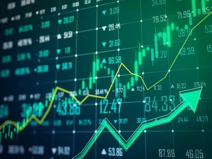 Digital stock market board with green candlestick charts, rising arrows and market data, representing Kenyan equity market gains, index performance, market breadth and 52-week high momentum.